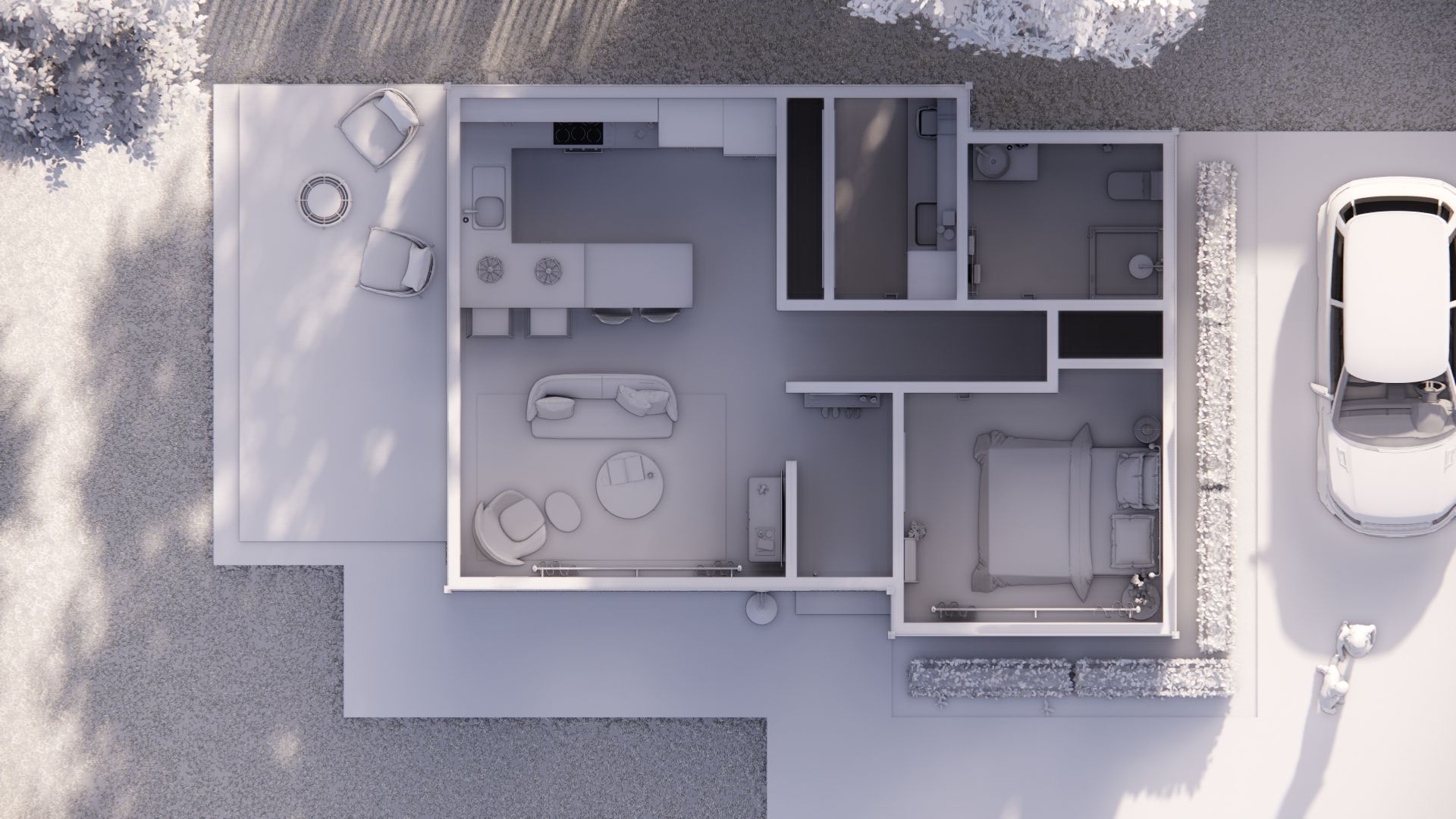 An aerial view of a floor plan of a house with a car parked in front of it.