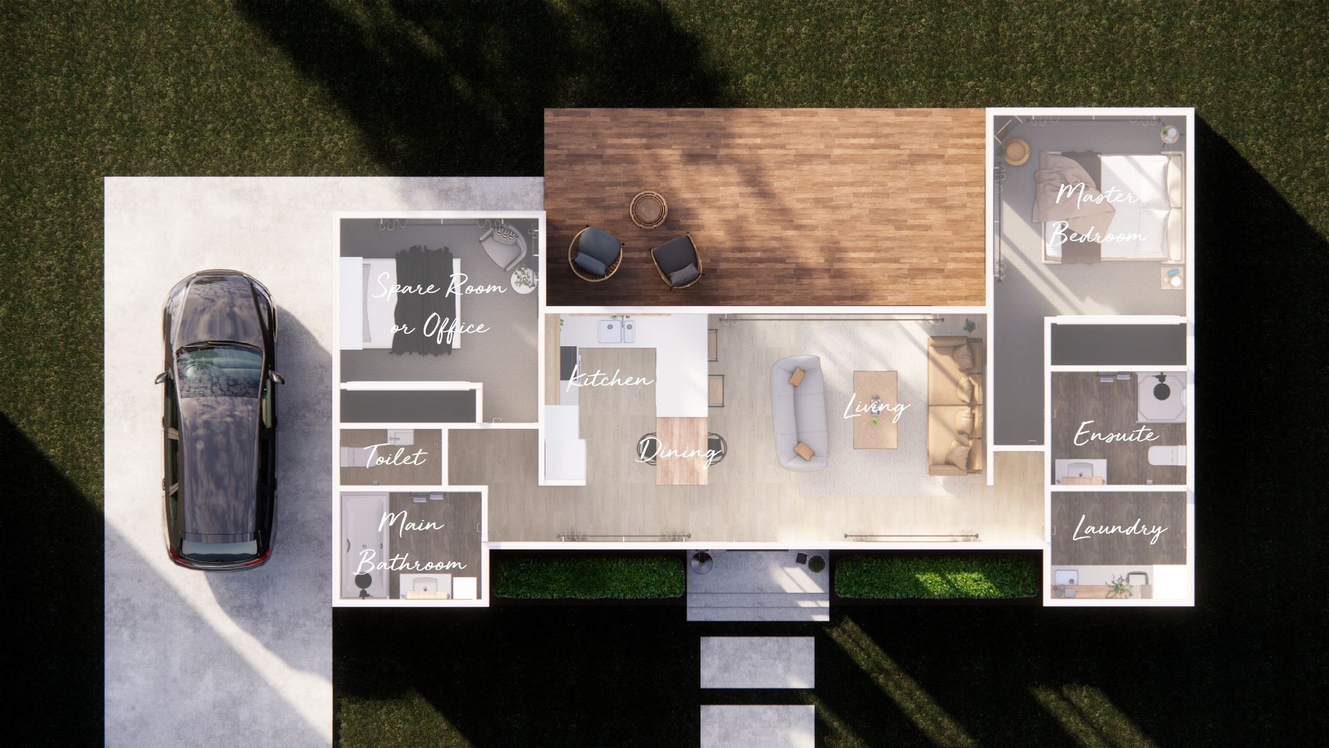An aerial view of a house with a car parked in front of it.