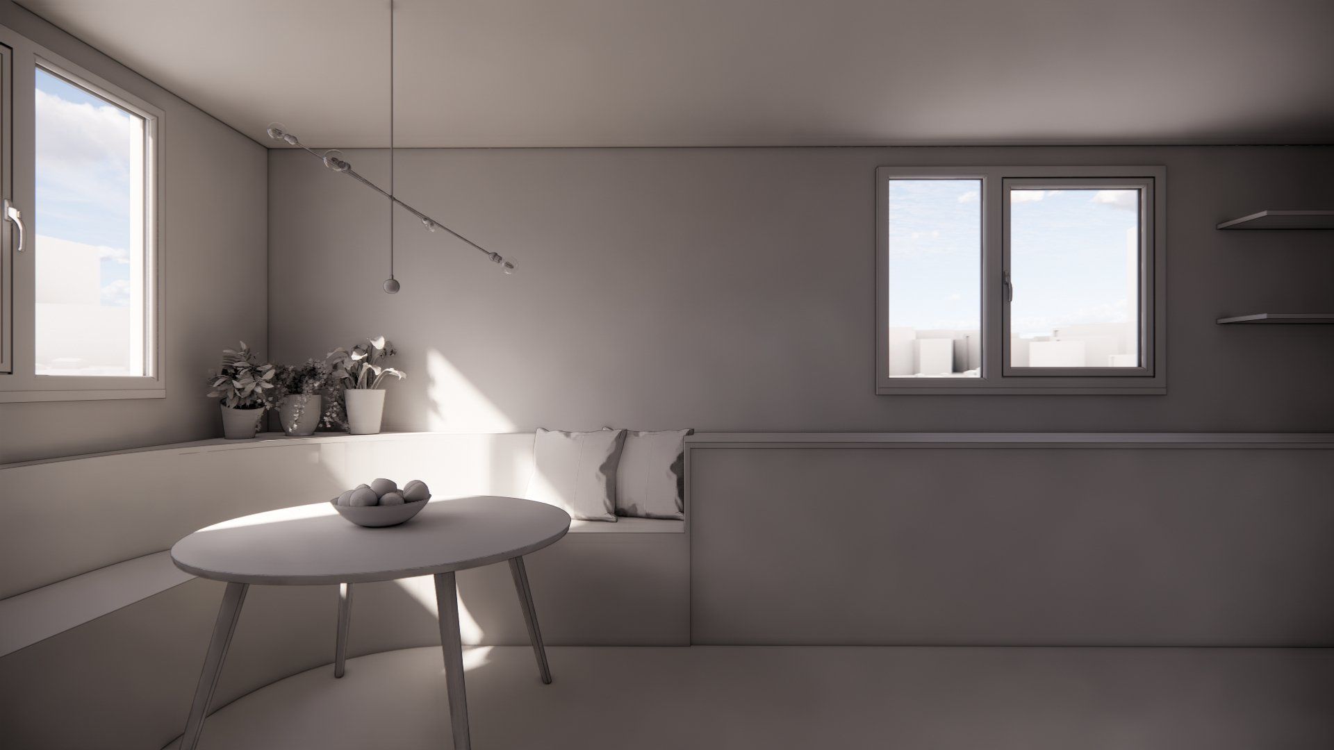 A 3d model of a living room with a table and a window.