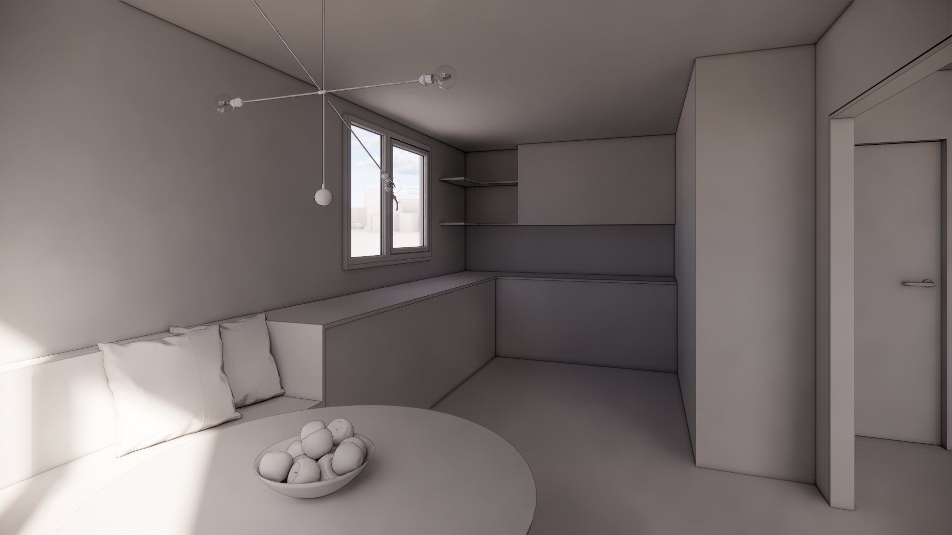 A 3d model of a kitchen with a table and a bowl of fruit.