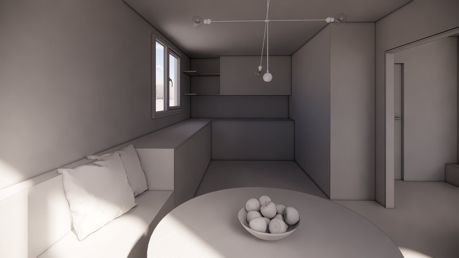 A 3d model of a living room with a bowl of fruit on the table.