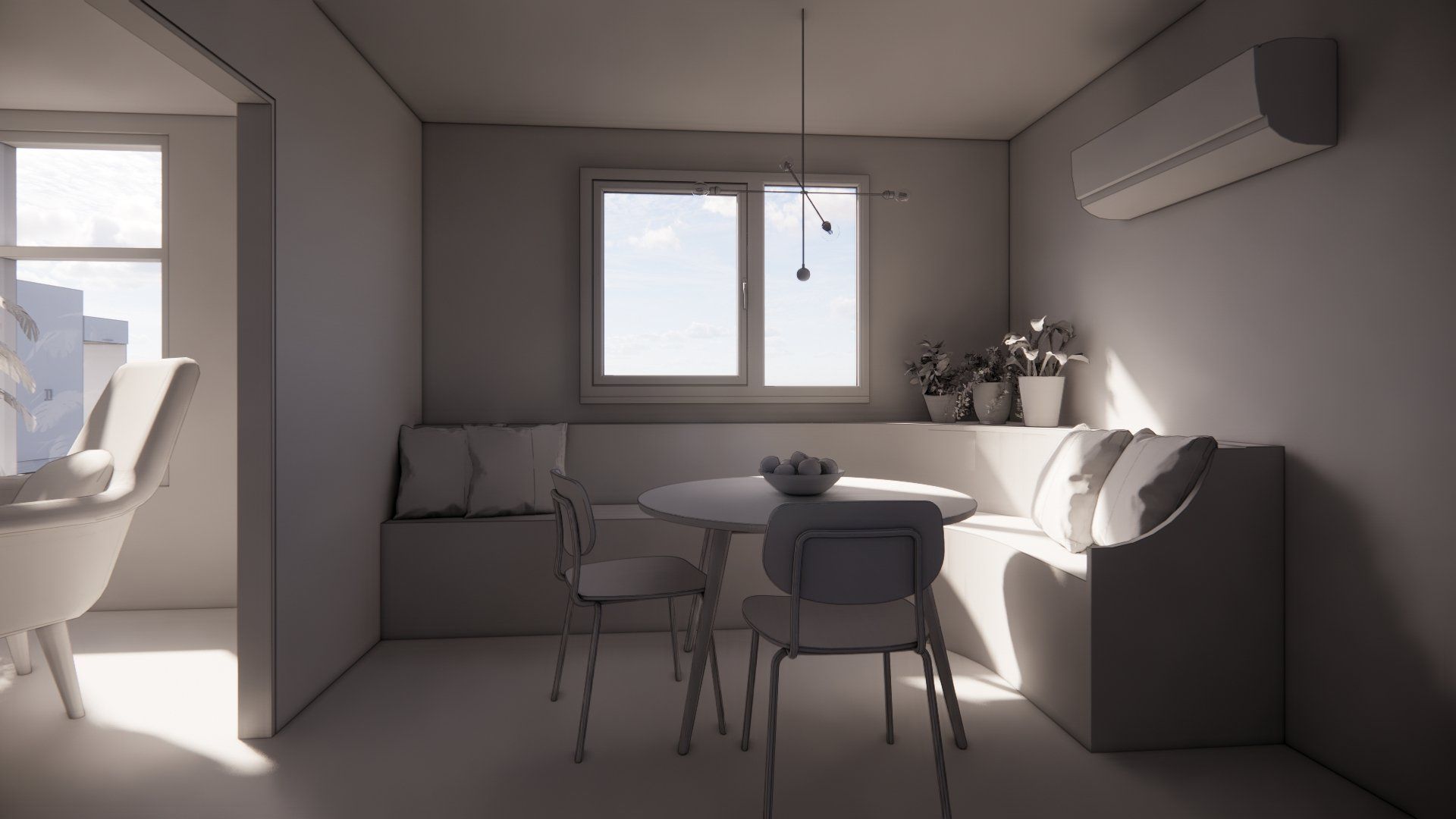 A 3d model of a living room with a table and chairs.