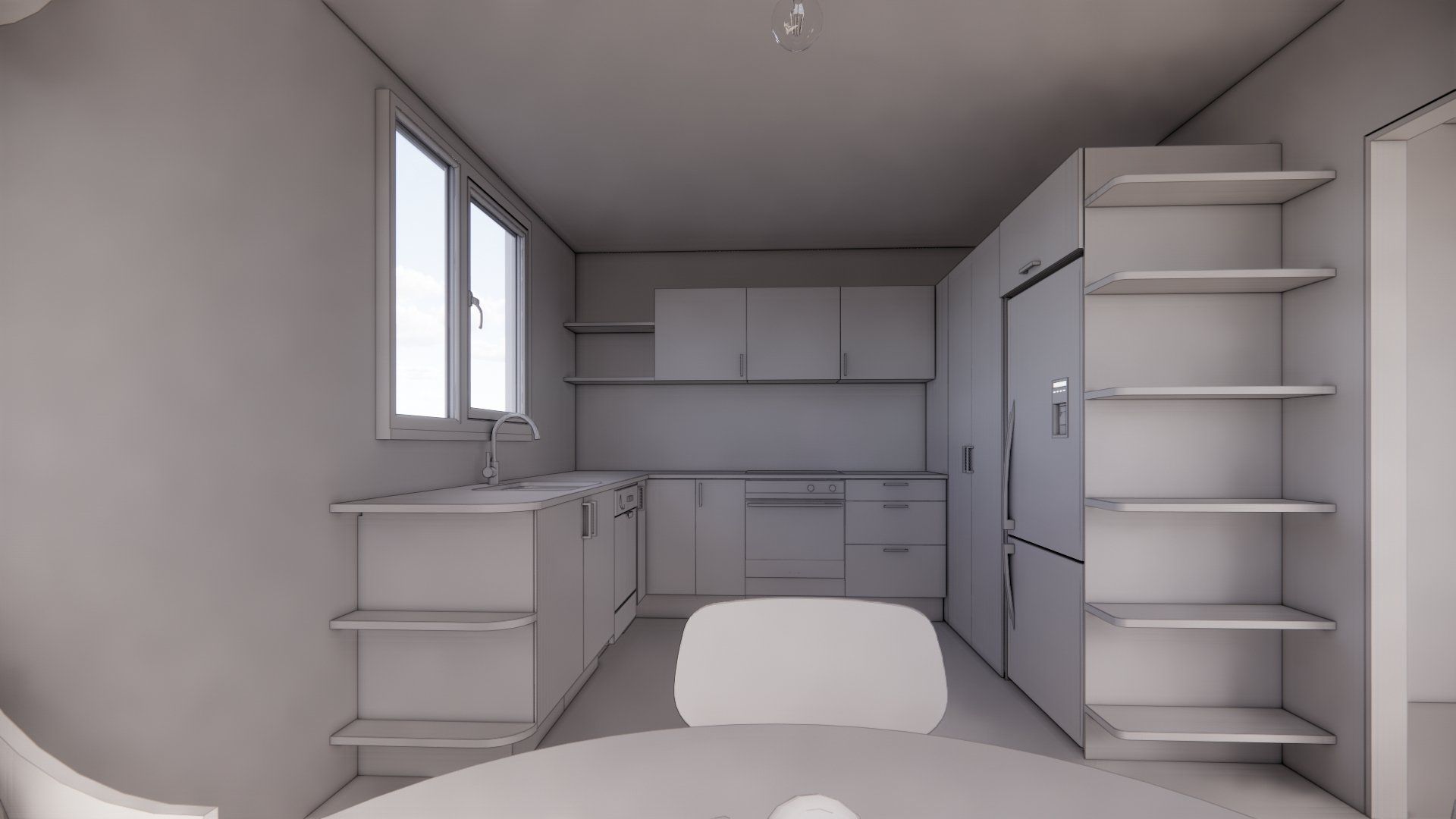 A 3d model of a kitchen with a table and chairs.