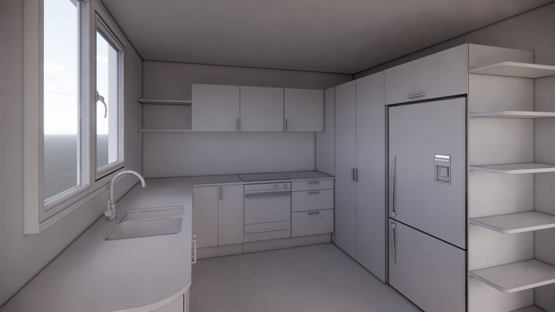 A 3d model of a kitchen with white cabinets and shelves