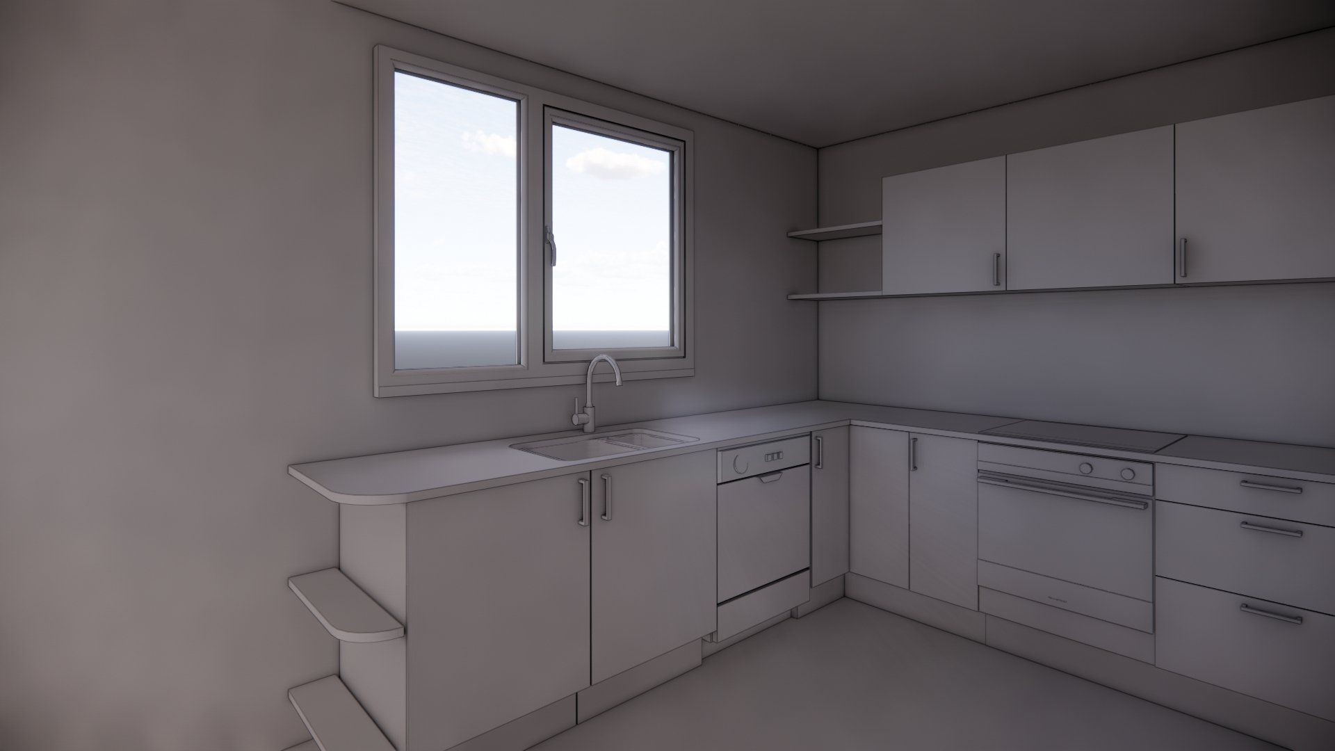 A 3d model of a kitchen with white cabinets and a window.