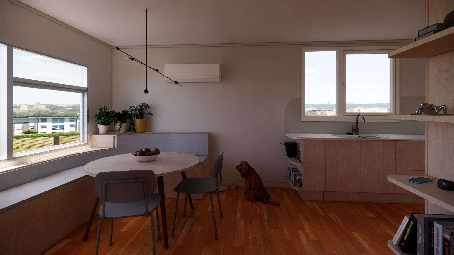 A dining room with a table and chairs and a dog sitting on the floor.
