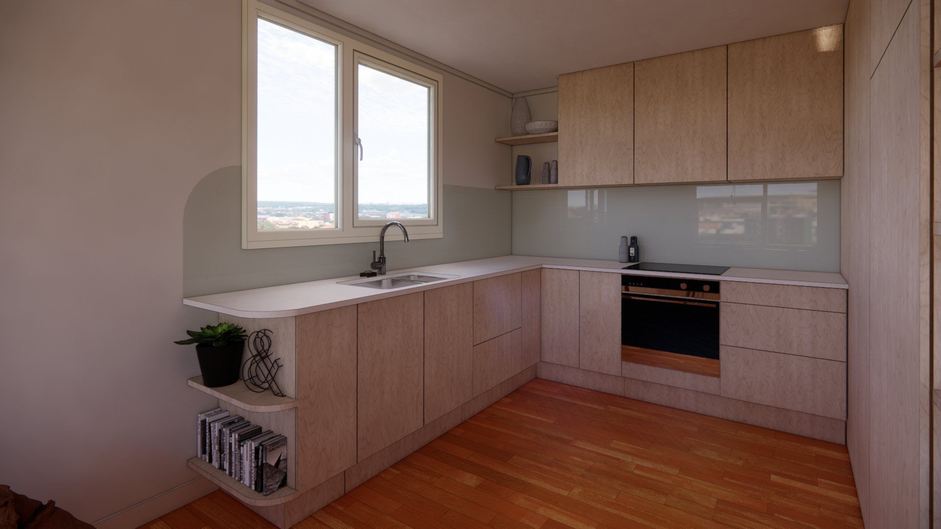 An artist 's impression of a kitchen with wooden cabinets and a window.