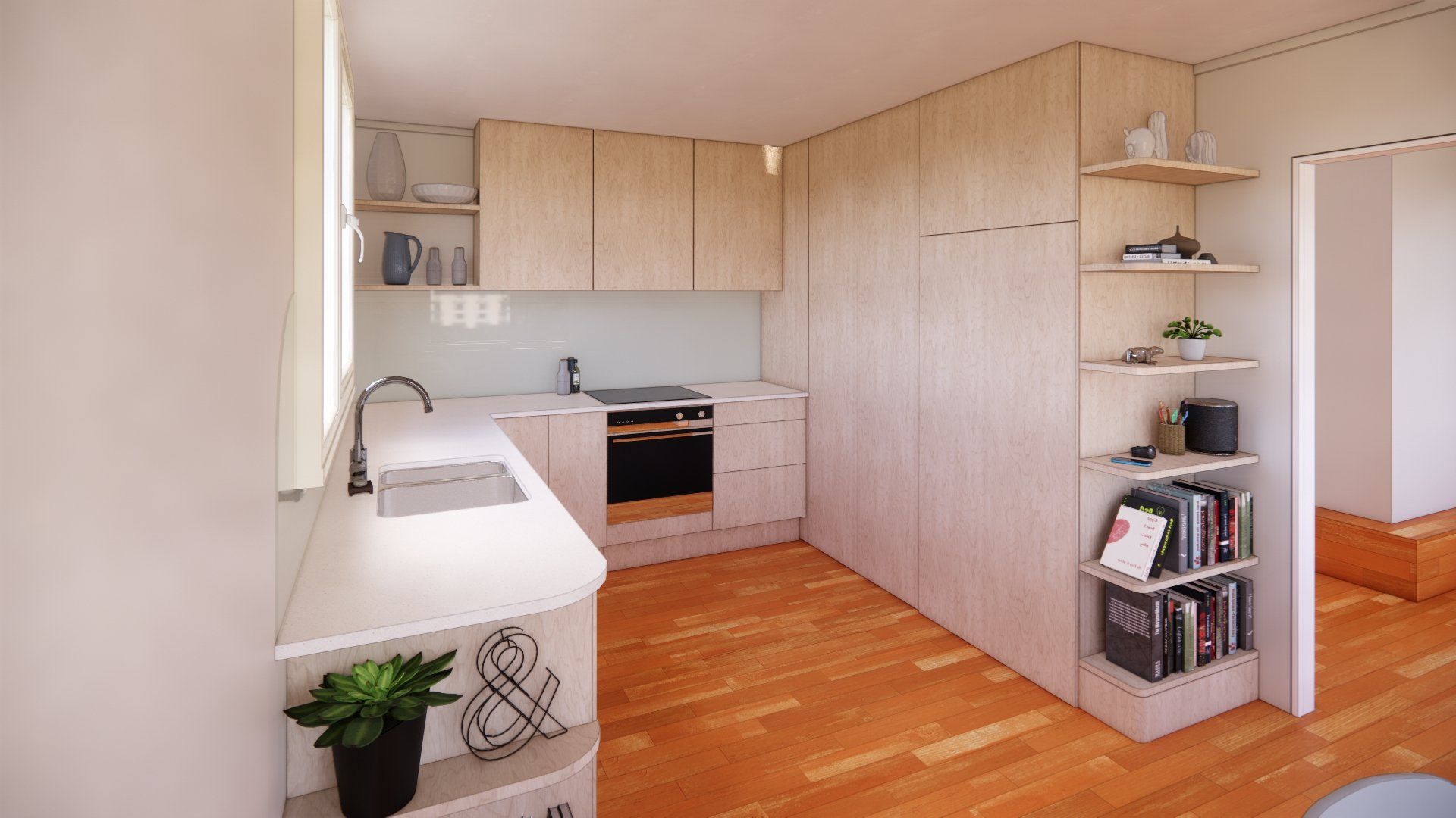An artist 's impression of a kitchen with wooden cabinets and hardwood floors.