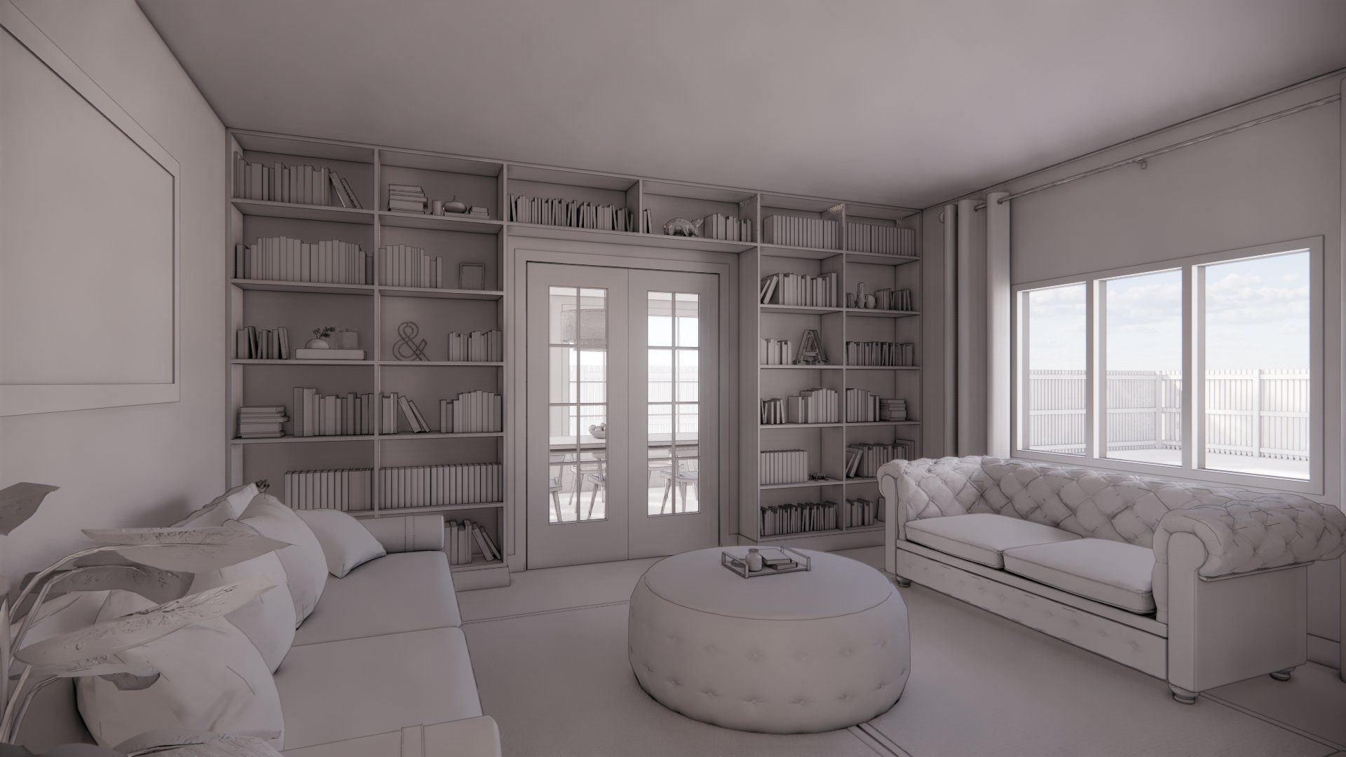 It is a 3d model of a living room with a couch , ottoman , and bookshelf.