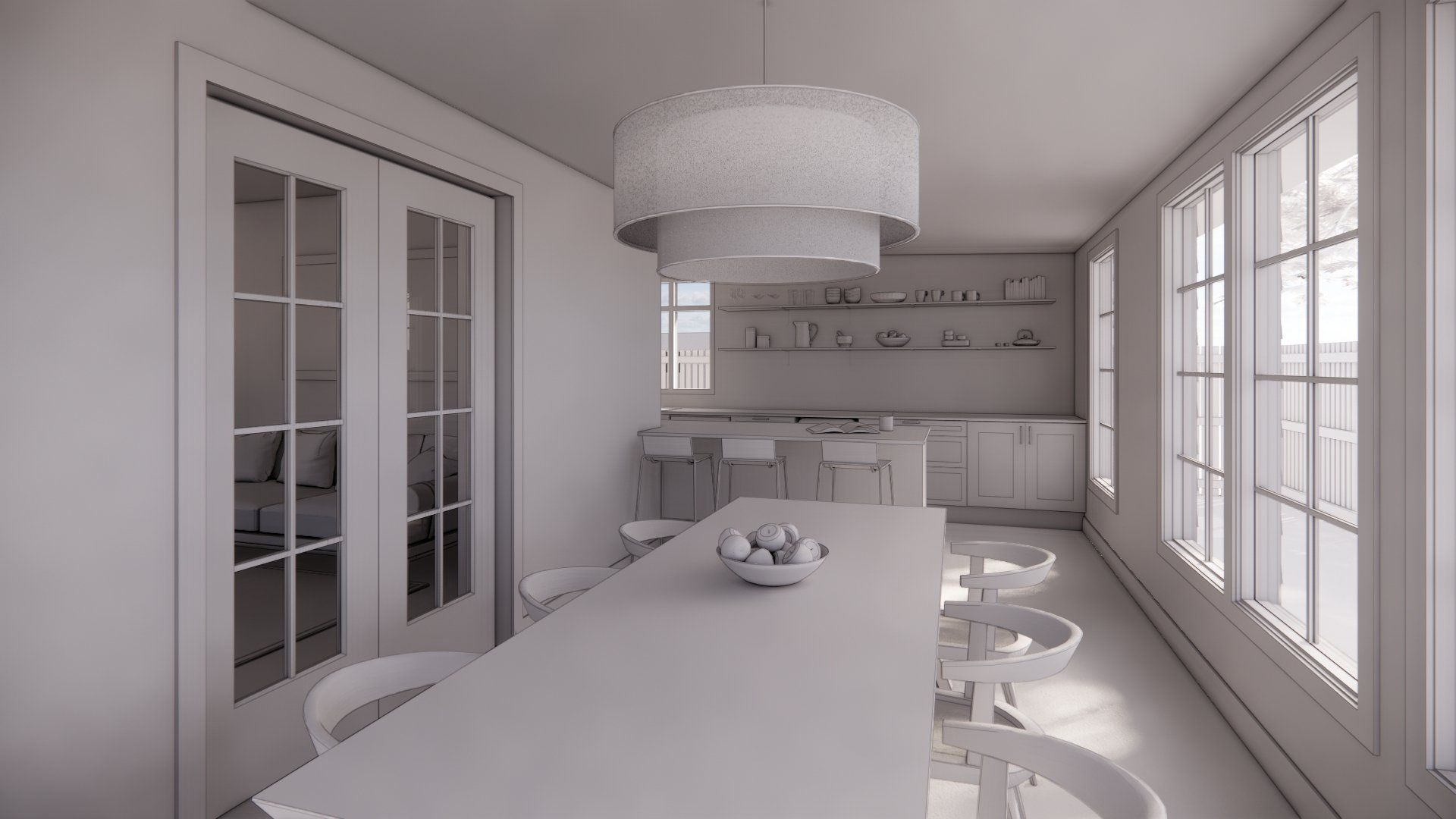 A 3d rendering of a dining room with a long table and chairs.
