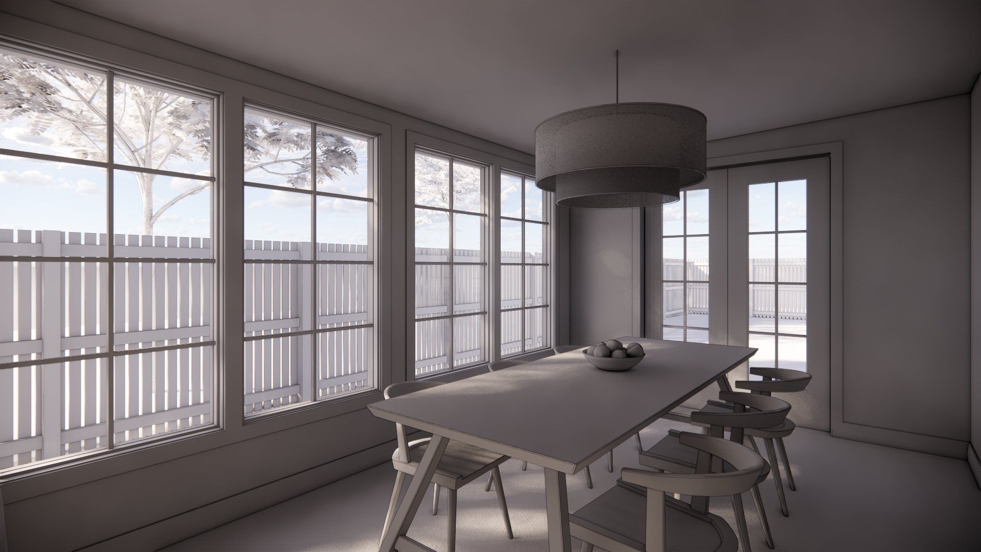 A 3d model of a dining room with a table and chairs.