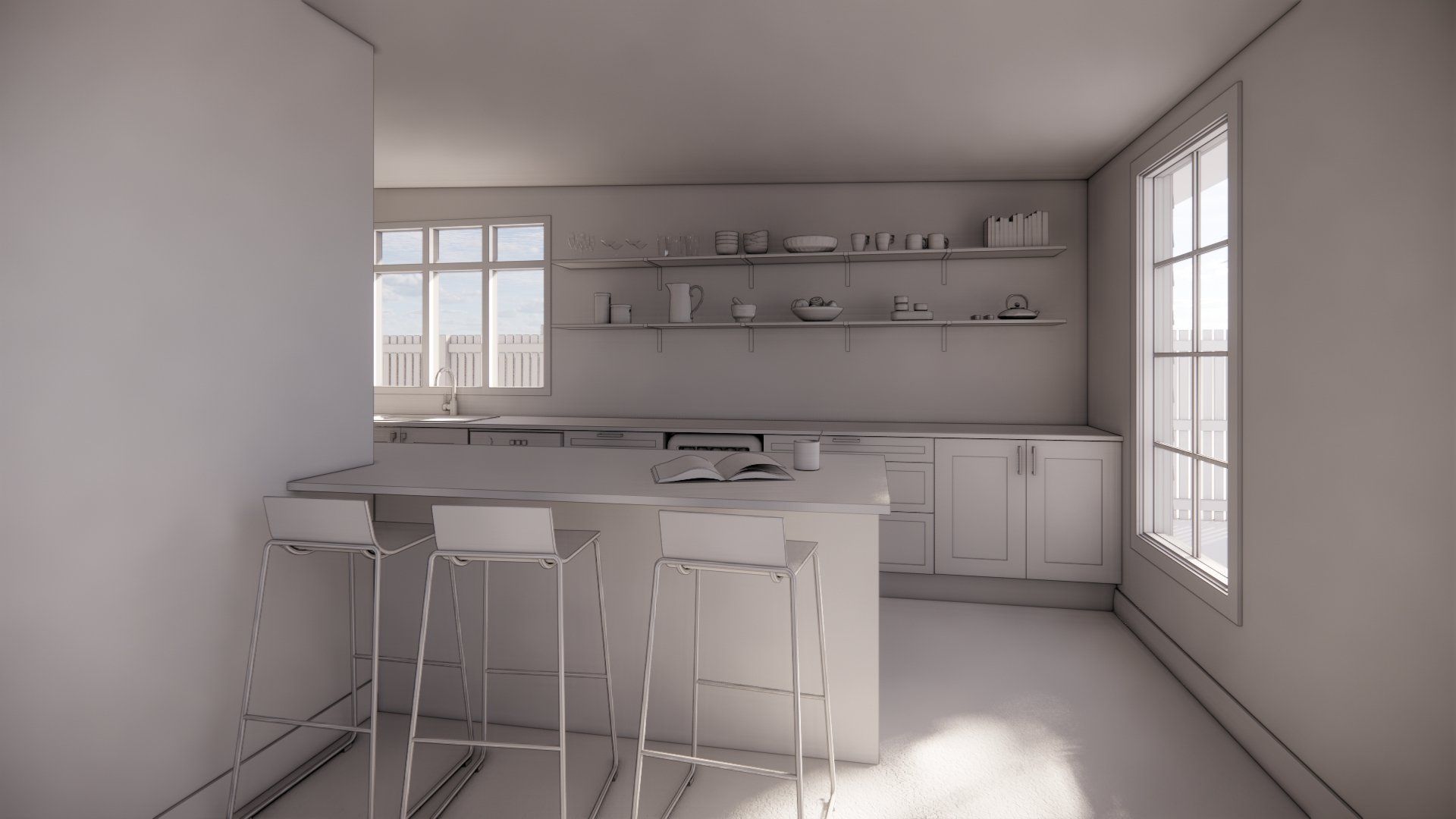 A 3d model of a kitchen with white cabinets and stools.