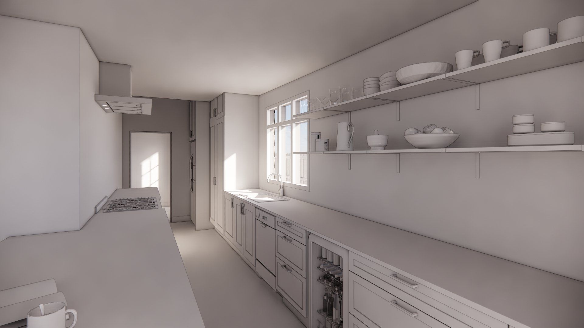 A 3d rendering of a kitchen with white cabinets and shelves.