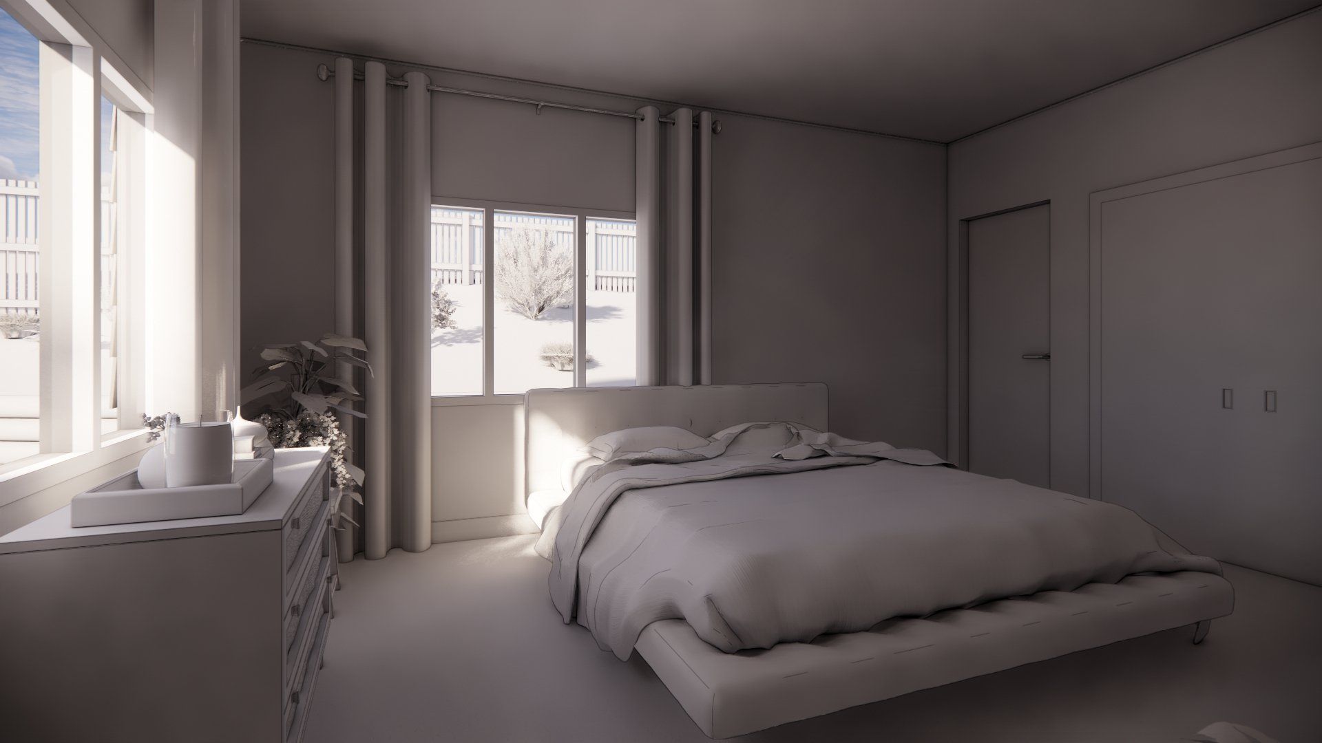 A bedroom with a bed , dresser , and window.