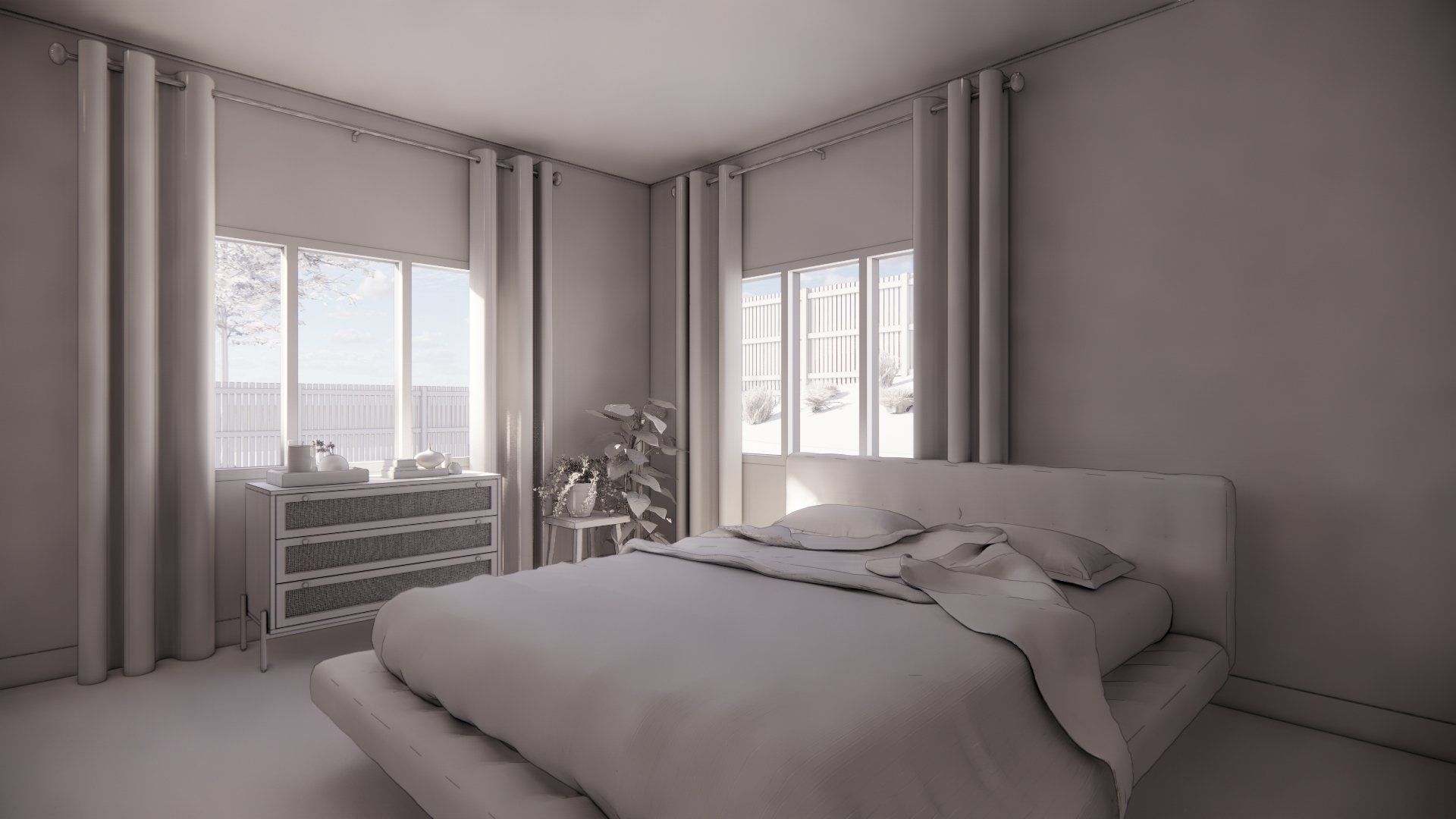A bedroom with a bed , dresser , and two windows.