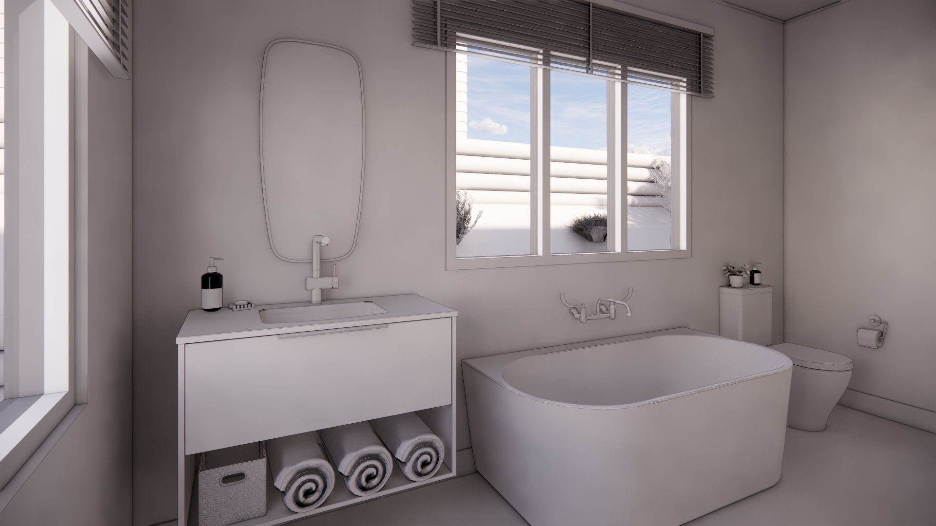 A bathroom with a tub , sink , toilet and window.