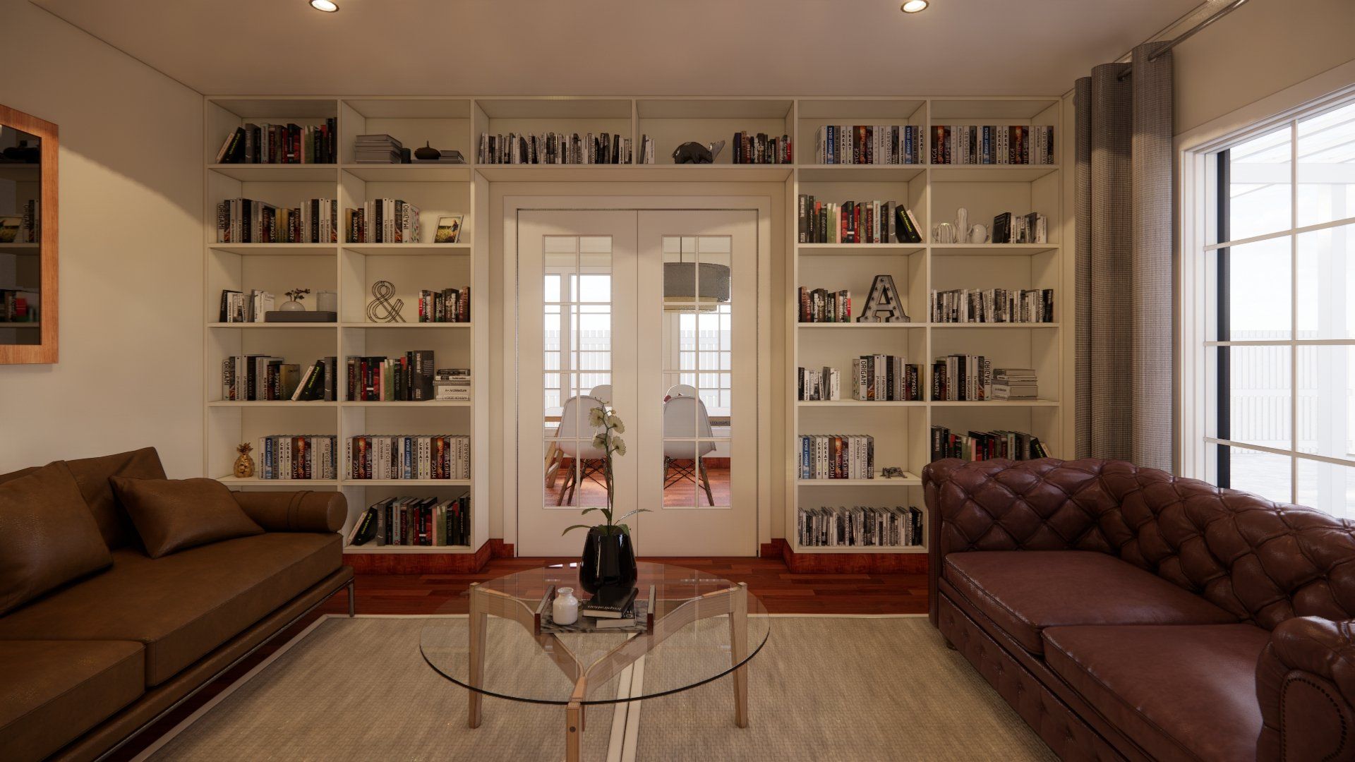 A living room with two couches , a coffee table , and a bookshelf.