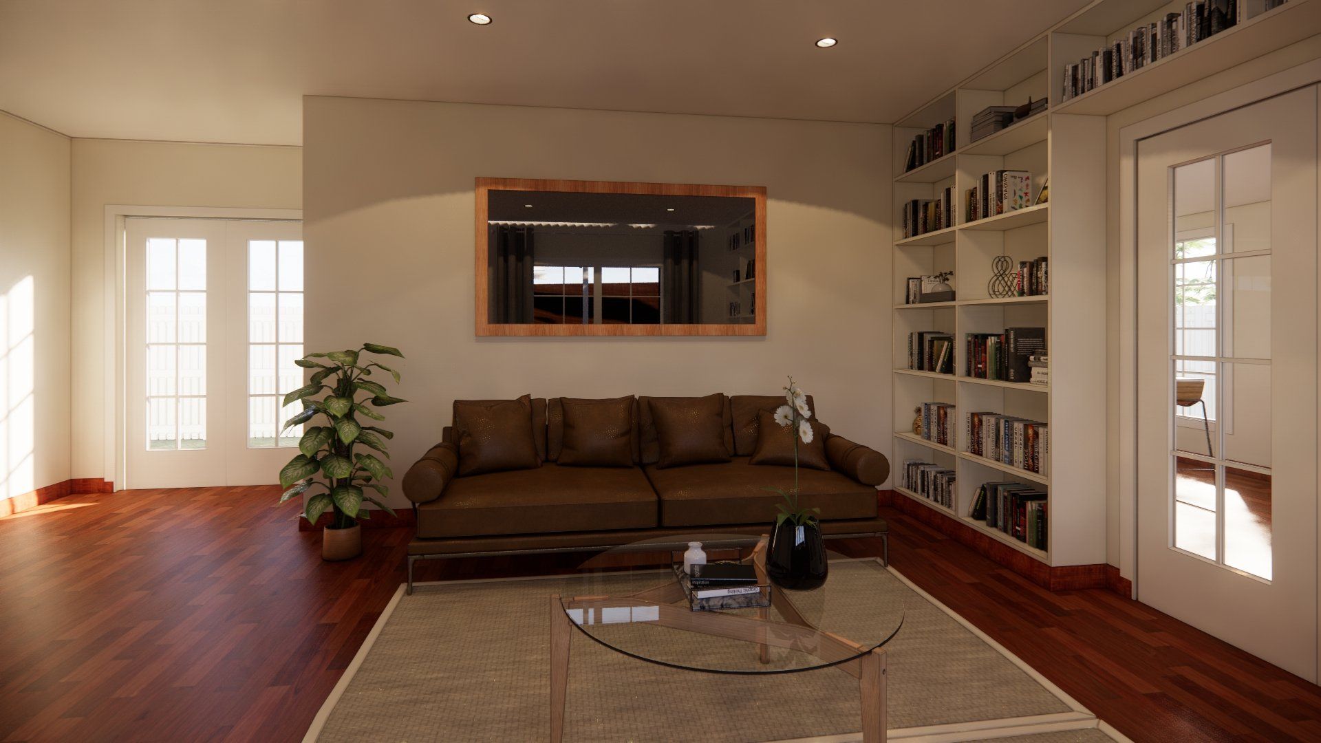 A living room with a brown couch and a glass coffee table.