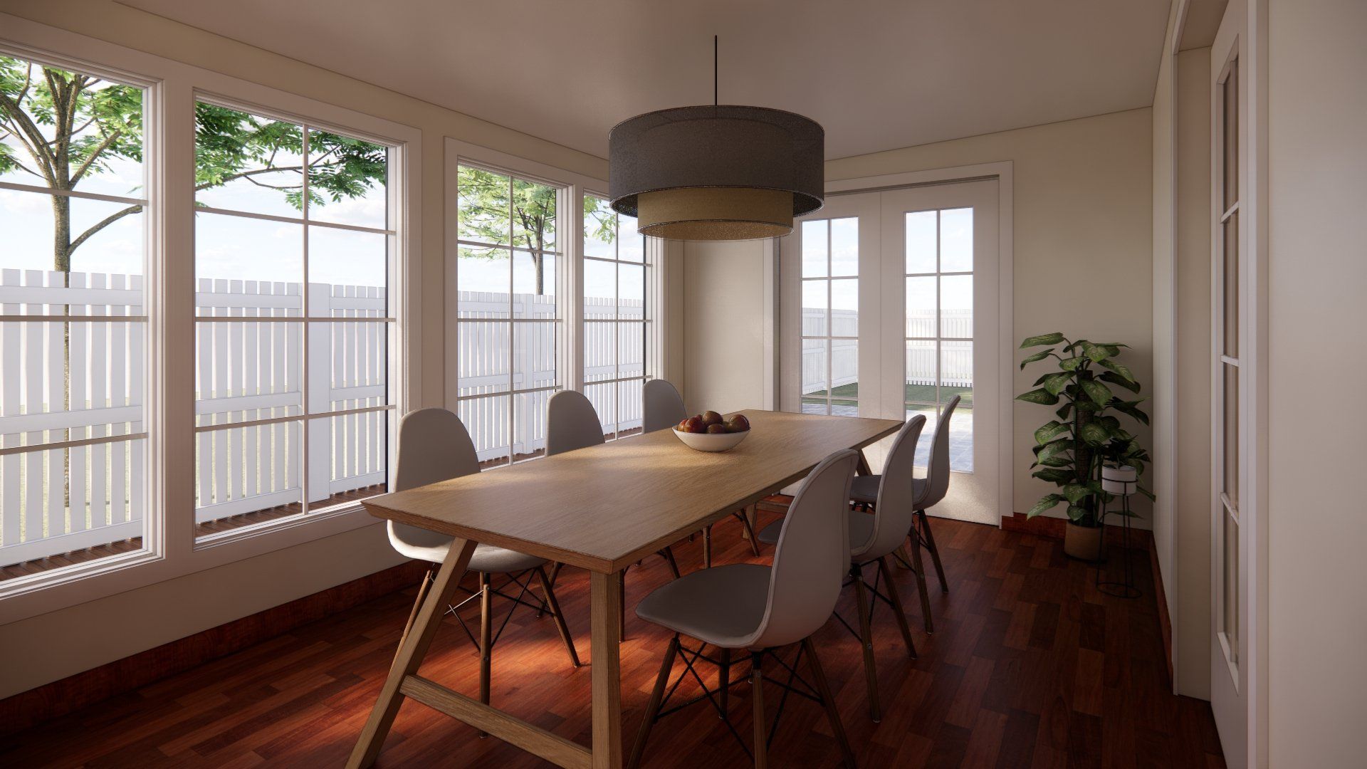 A dining room with a long table and chairs and lots of windows.