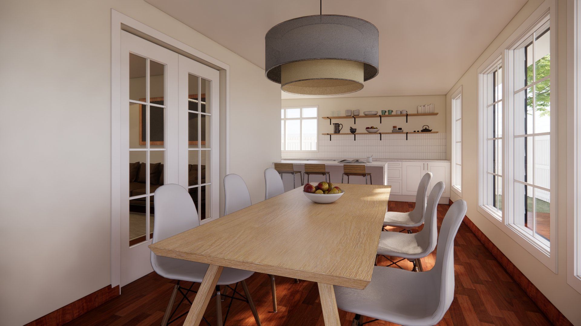 A dining room with a long wooden table and chairs.