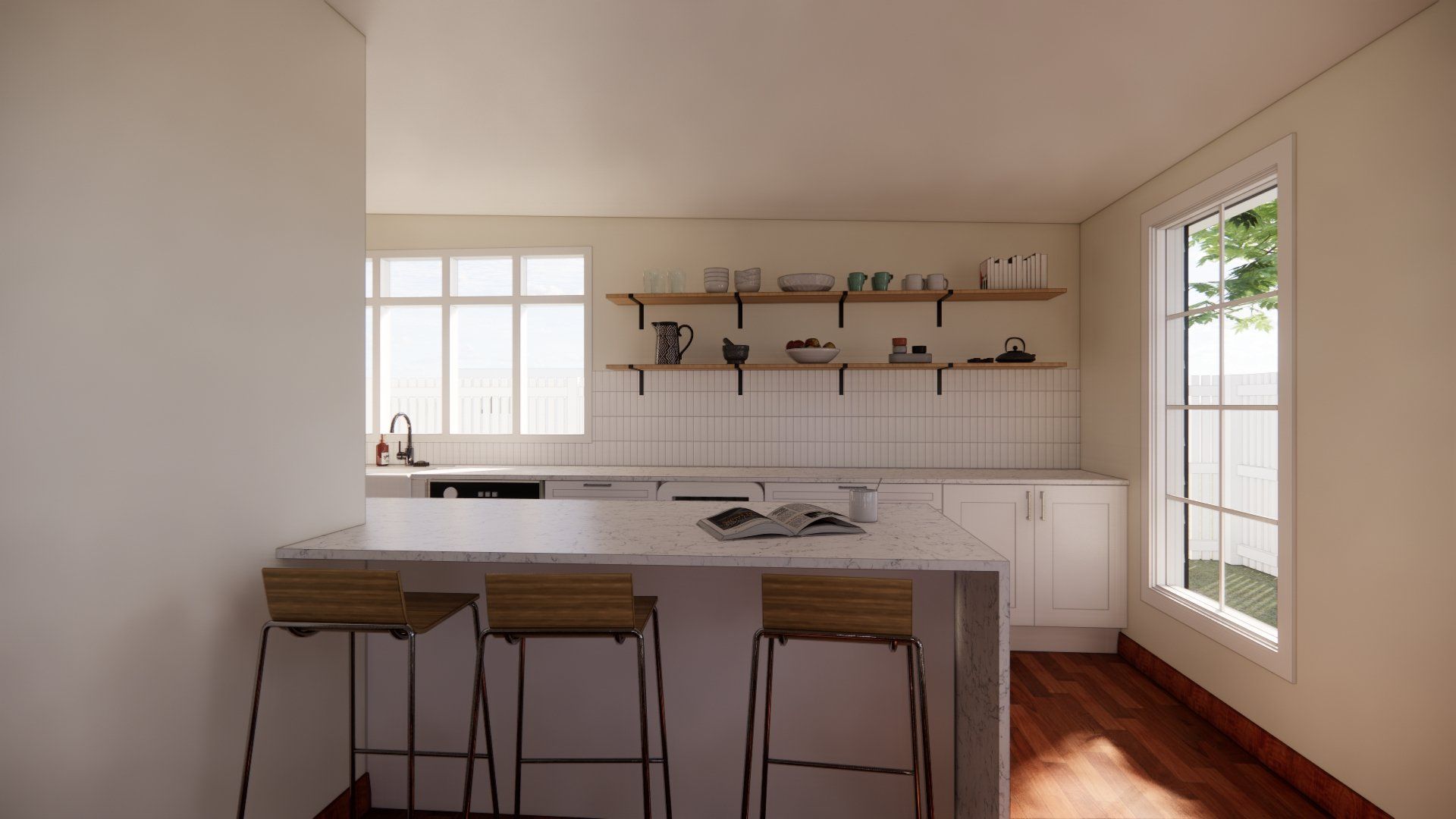 A kitchen with white cabinets and stools and a window.