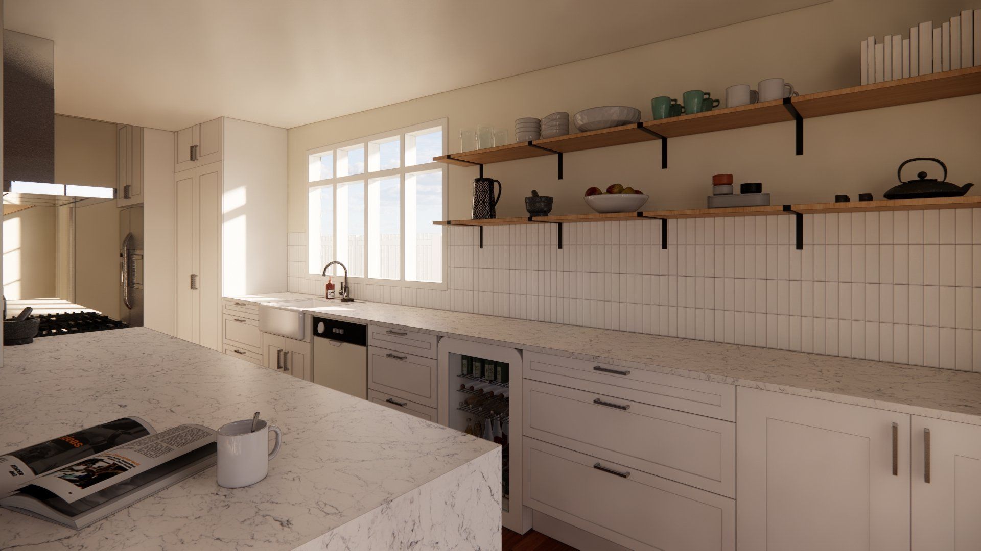 A kitchen with white cabinets , white counter tops , and wooden shelves.