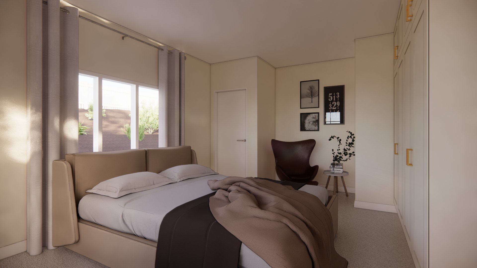 A bedroom with a bed , chair , and window.
