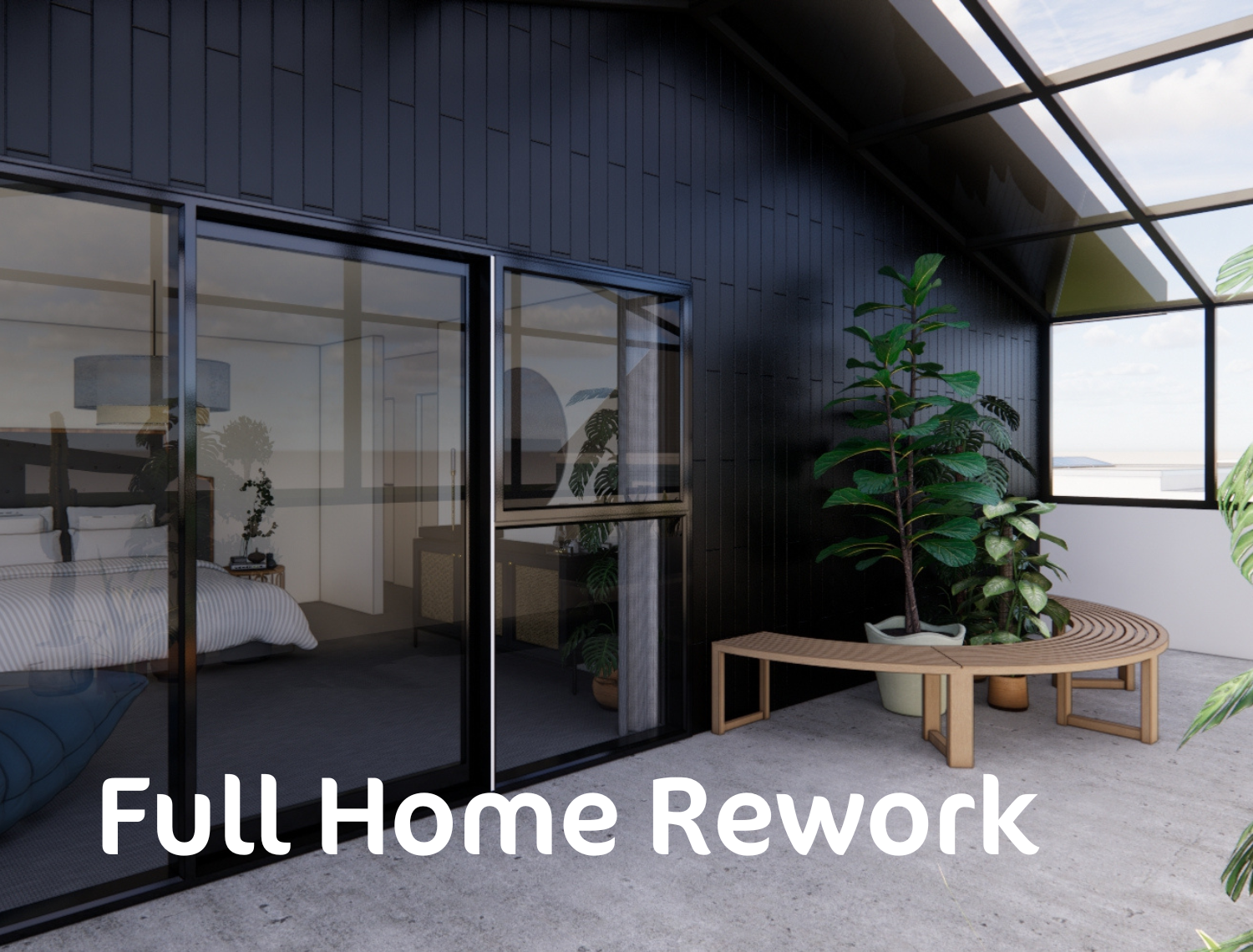 A picture of a bedroom with a balcony and the words `` full home rework ''.