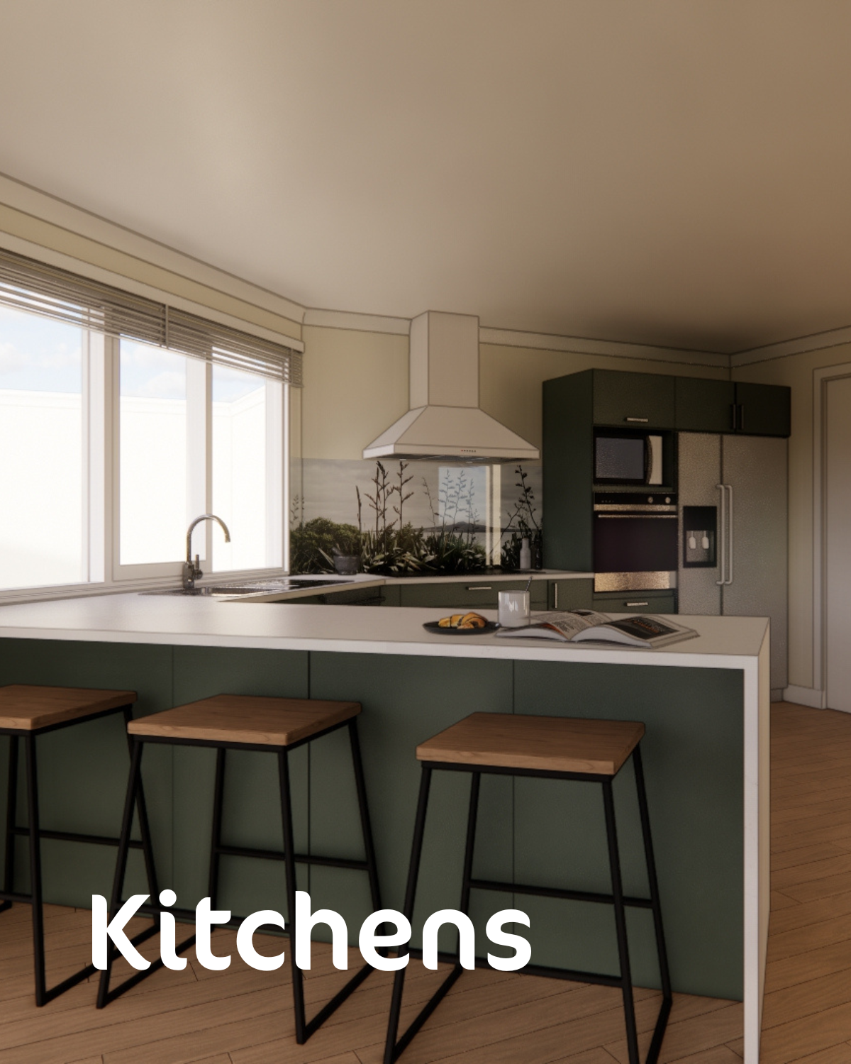 A kitchen with the word kitchens on the bottom