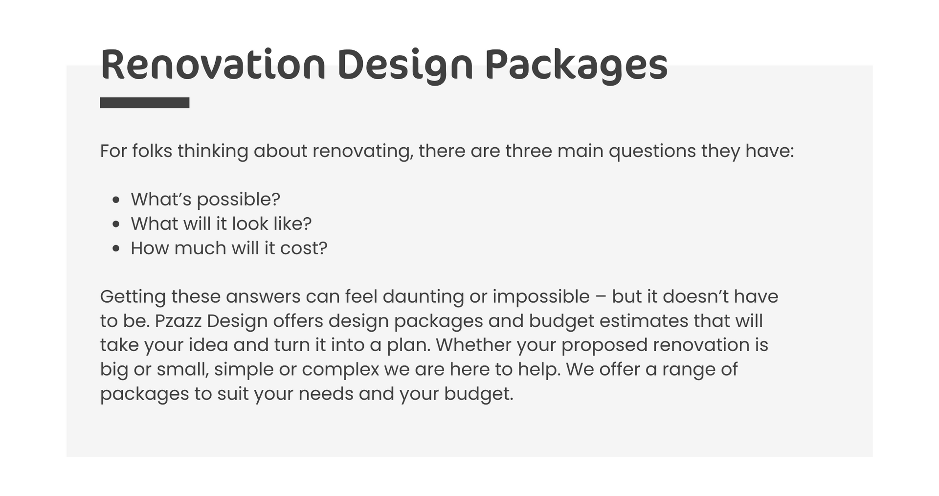 A white page with the words renovation design packages on it.