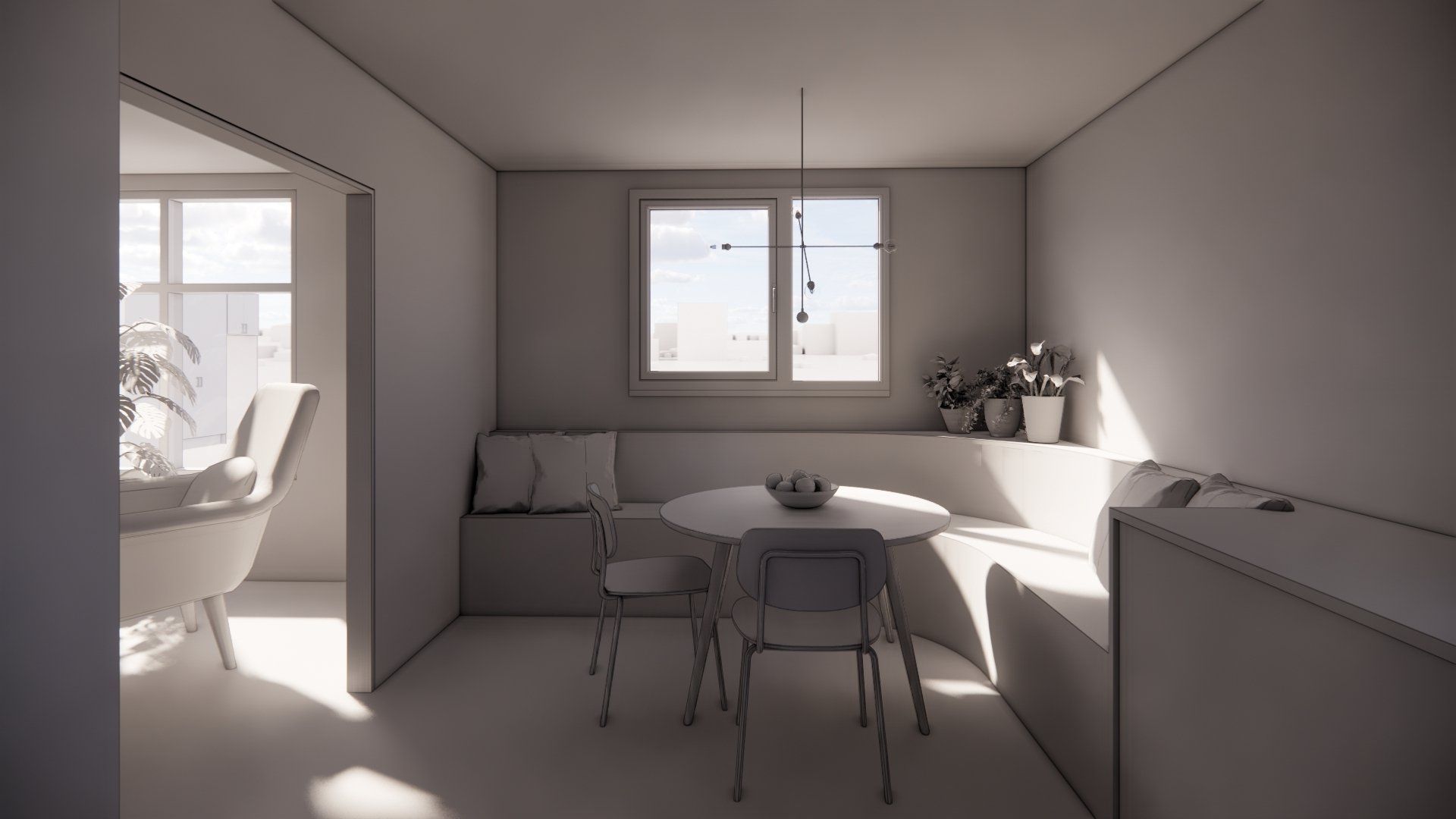 A 3d rendering of a dining room with a table and chairs.