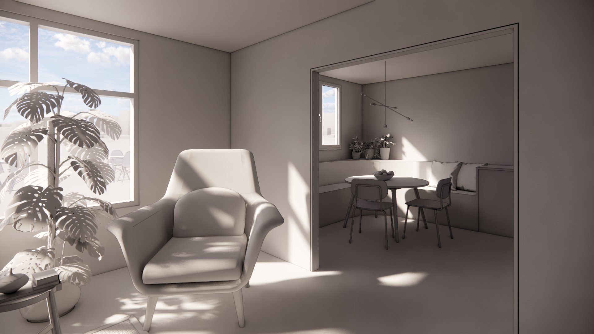 A 3d model of a living room with a chair , table and chairs.
