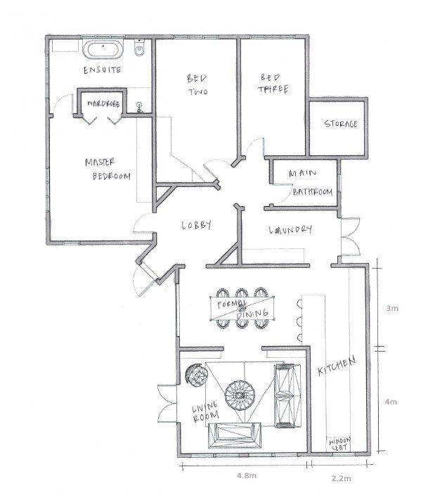 A black and white floor plan of a house.