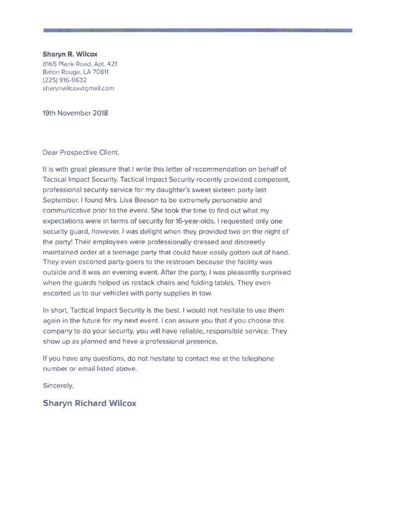 Sharyn Wilcox Testimonial – Baton Rouge, LA – Tactical Impact Security, LLC