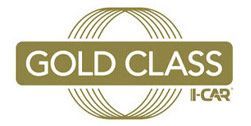 Gold Class I-CAR logo in white text on a gold rounded rectangle with curved gold lines behind it.