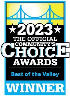 2023 Official Community’s Choice Awards Best of the Valley winner badge in blue, yellow, black, and white