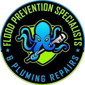 Logo: Blue octopus holding a wrench inside a shield. Text reads "Flood Prevention Specialists & Plumbing Repairs."