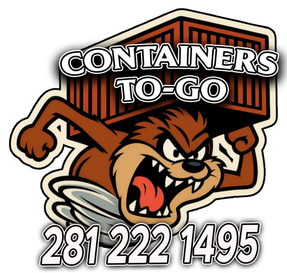 Containers To-Go logo with cartoon bulldog mascot and phone number 281 222 1495