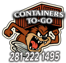 Containers To-Go logo with cartoon bulldog mascot and phone number 281 222 1495