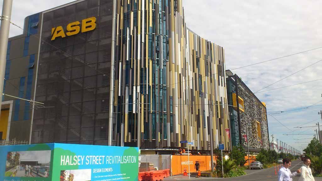 ASB building with a colourful facade, construction site on Halsey Street, Auckland.
