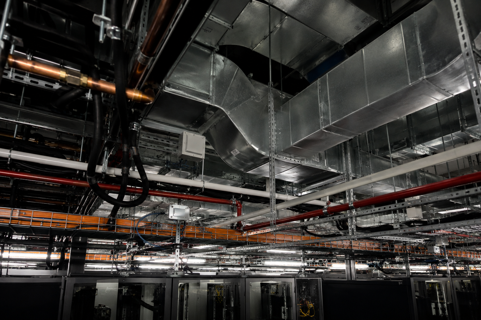 crowded data centre plenum with hvac ducting and other services