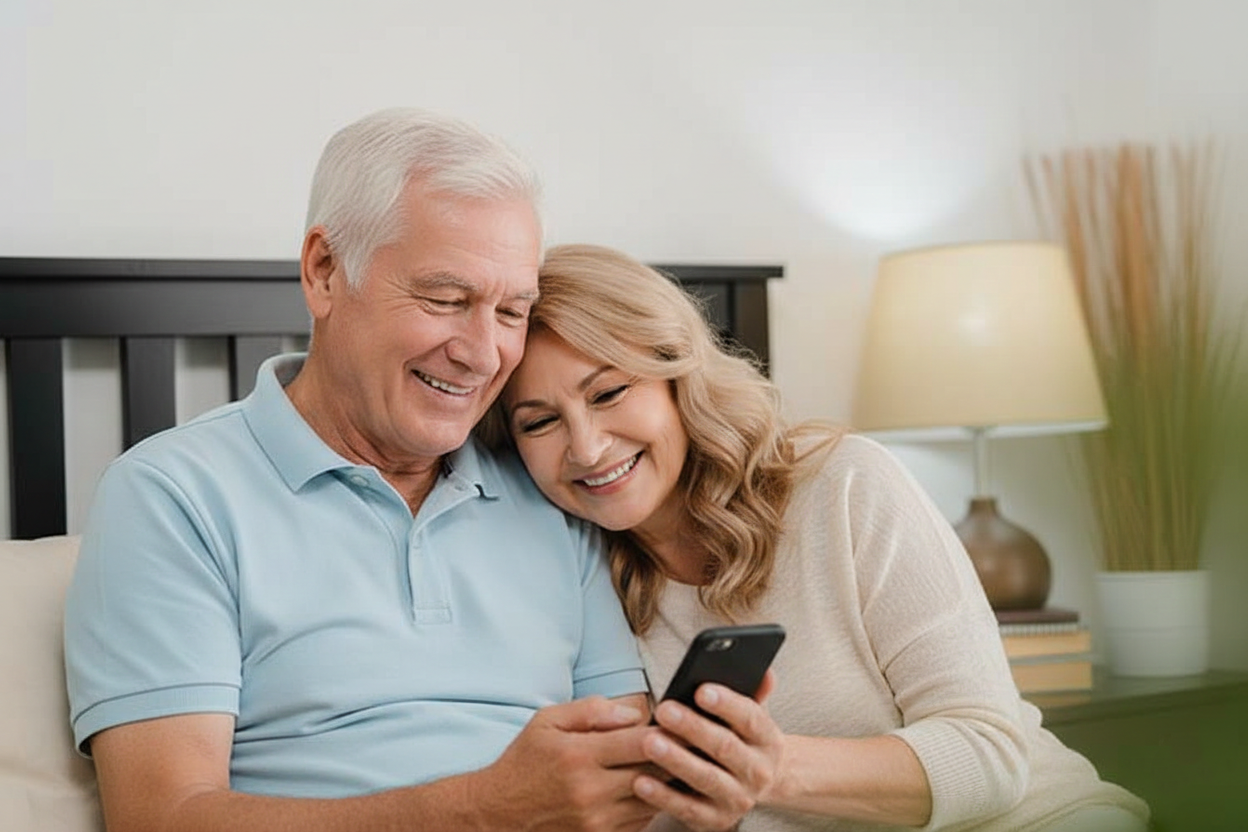 Smiling couple on a bed looking at a smartphone, with a lamp and plant in the background