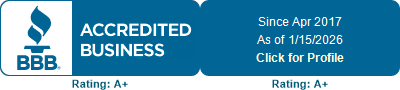 BBB Accredited Business badge. Rating A+. Since Apr 2017. As of 1/15/2026. Click for Profile.