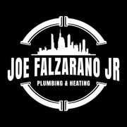 The logo for joe falzarano jr plumbing and heating is white on a black background.