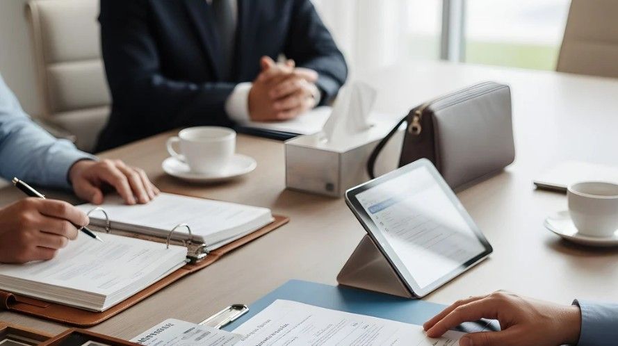 Business meeting at a table with papers, a tablet stand, coffee cups, and a laptop in a bright office room