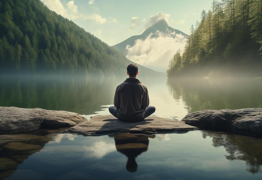 Person meditating by a calm mountain lake at sunrise, framed by mist and pine trees.
