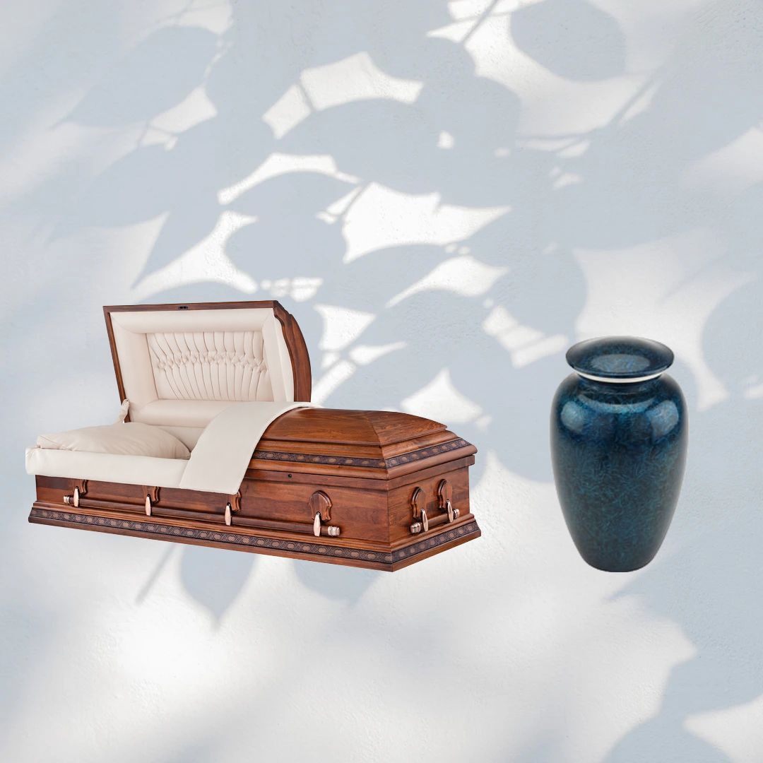 Wooden casket with white lining beside a blue vase on a light background