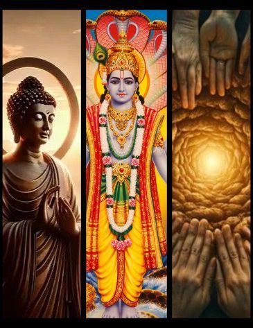 Three-panel collage of Buddha, Krishna, and glowing hands in a circular tunnel