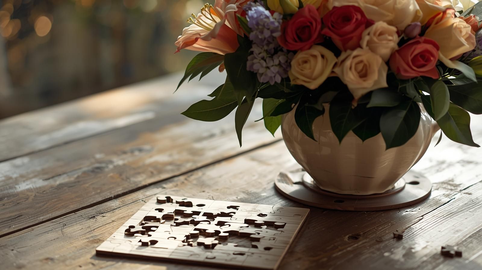 Bouquet of roses in a cream vase on a rustic wooden table beside a scattered puzzle or tile game