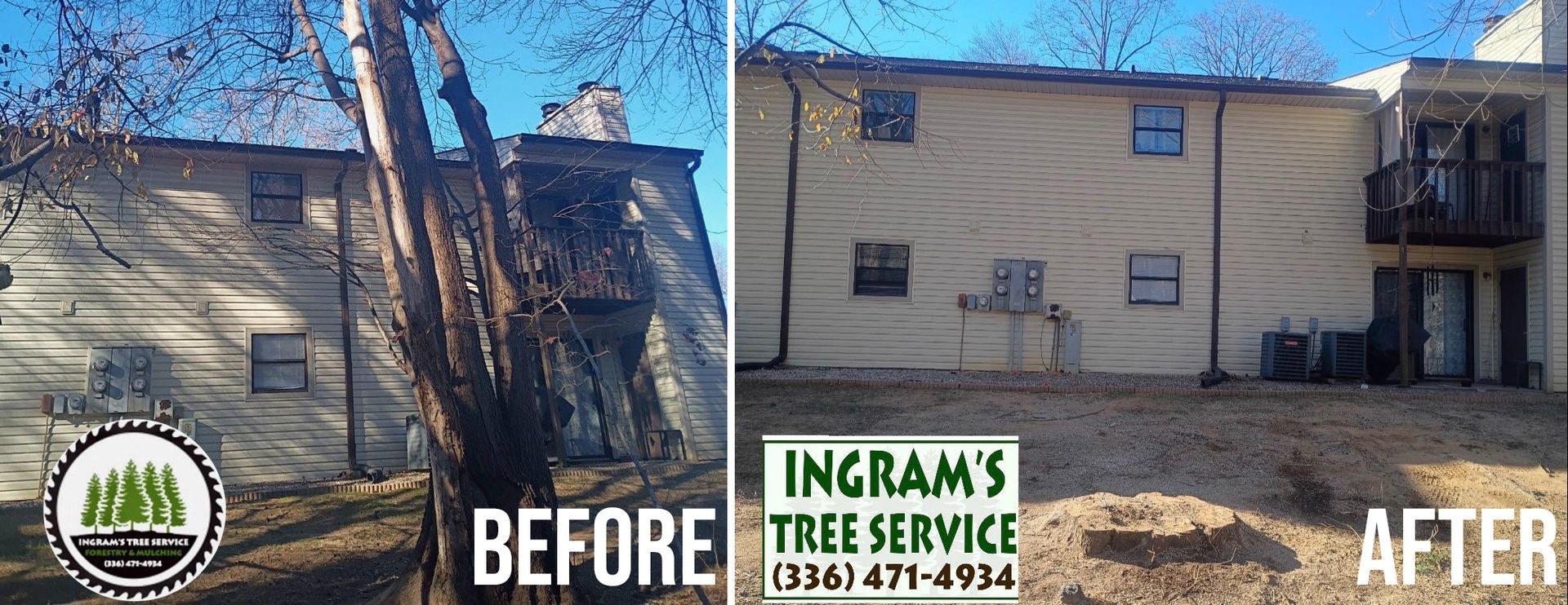 Before and after photos of a building, showing tree trimming service by Ingram's Tree Service.